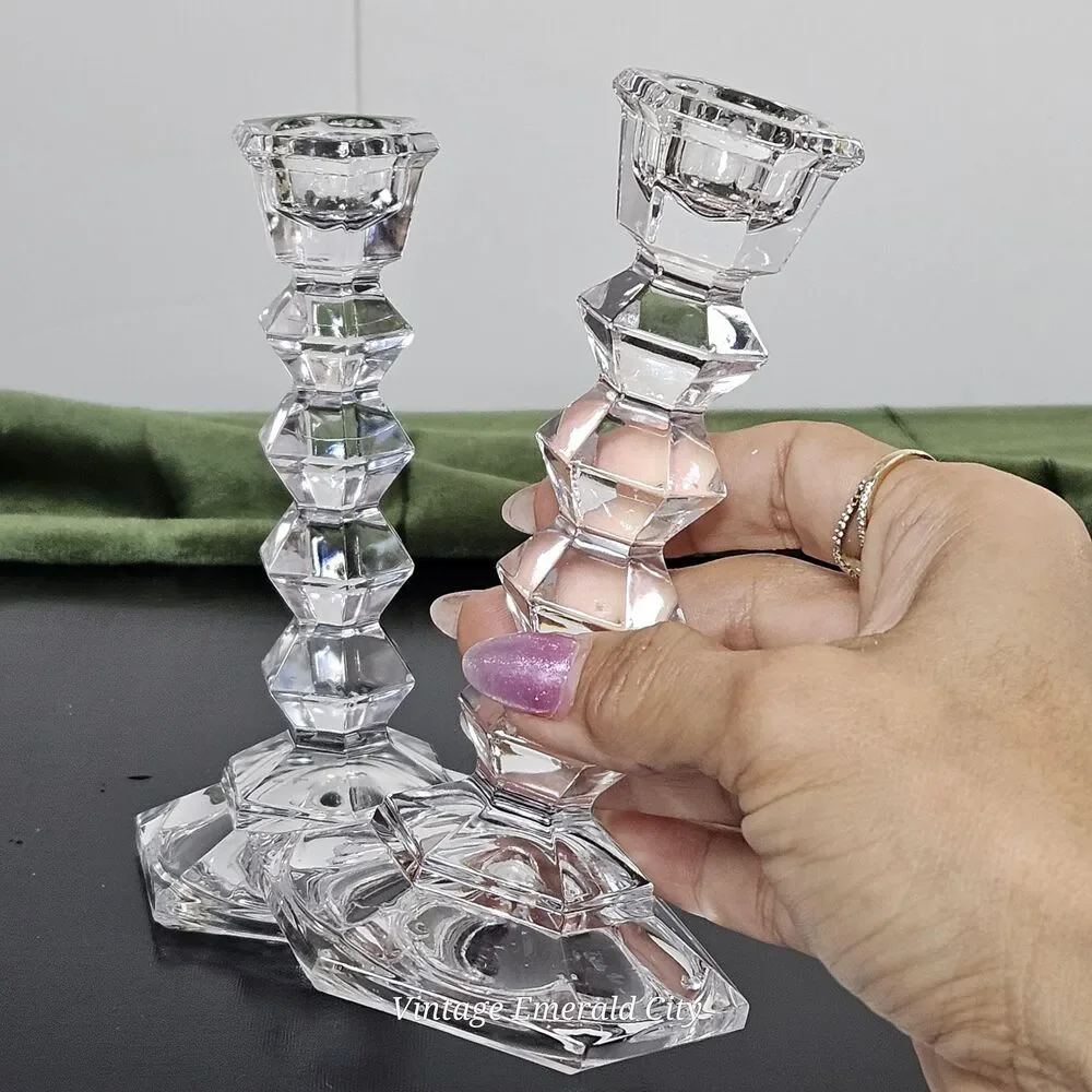 Vtg MIKASA Crystal Clear JewelStone Pattern Candlestick Candle Holder Set of 2